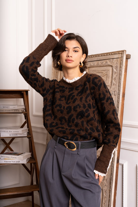 Pull Jennifer – Léopard chic & détails dentelle